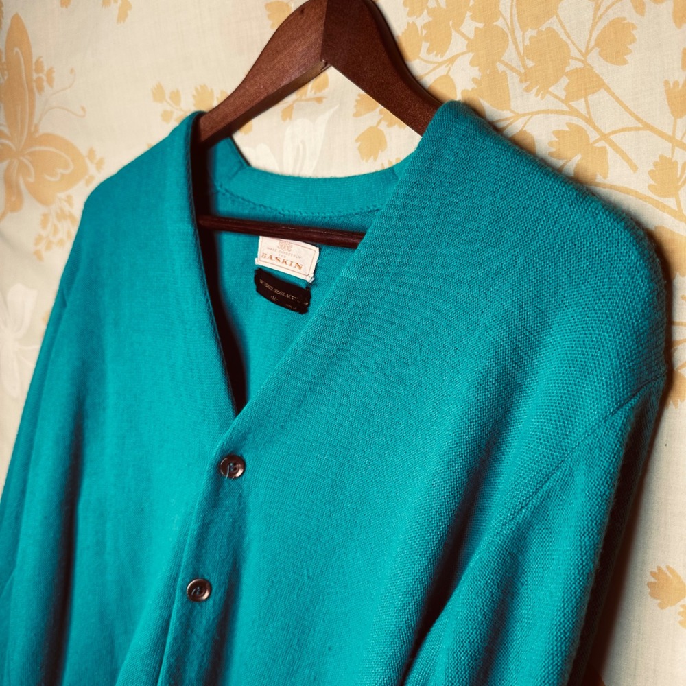 Vintage Baskin Teal Blue Orlon Acrylic Button Front Cardigan Sweater Mens Medium